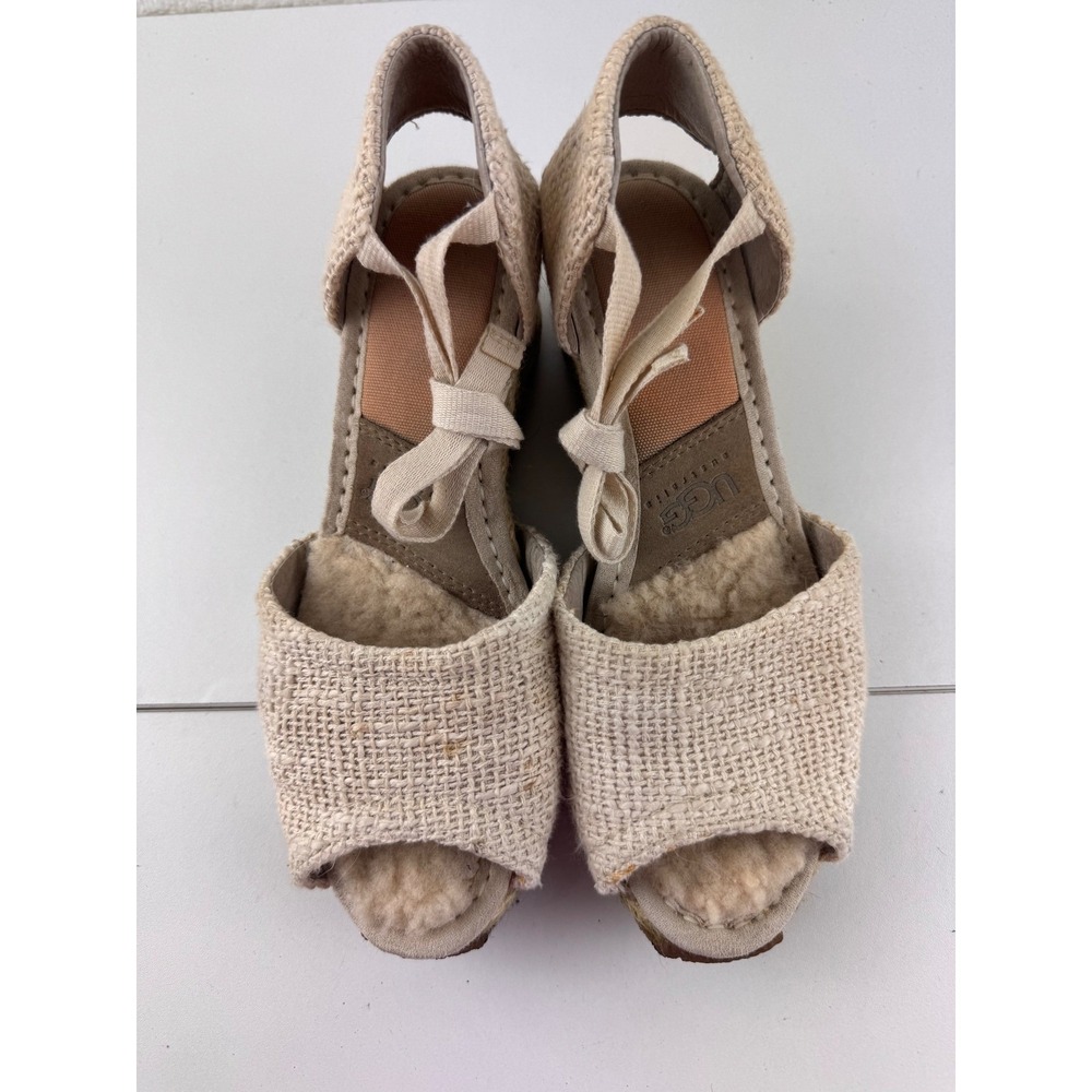 UGG Australia Raffia Wedge Sandals‎ Espadrille Peep Toe Ankle Tie Beige Size 6